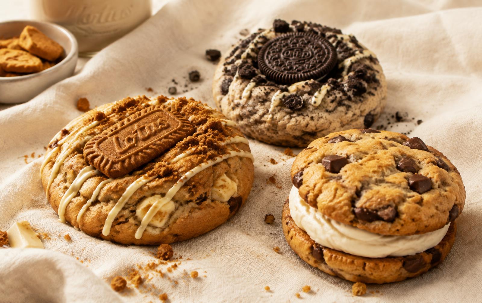Biscoff, cookies and cream, and cookie sandwich